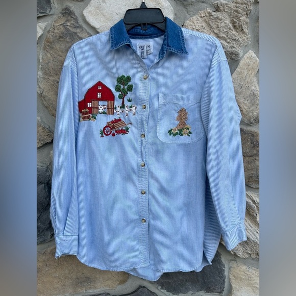 Vintage Cottagecore Button Up Shirt Womens Sz M Embroidered Farm Homemaker Barn - Picture 1 of 5